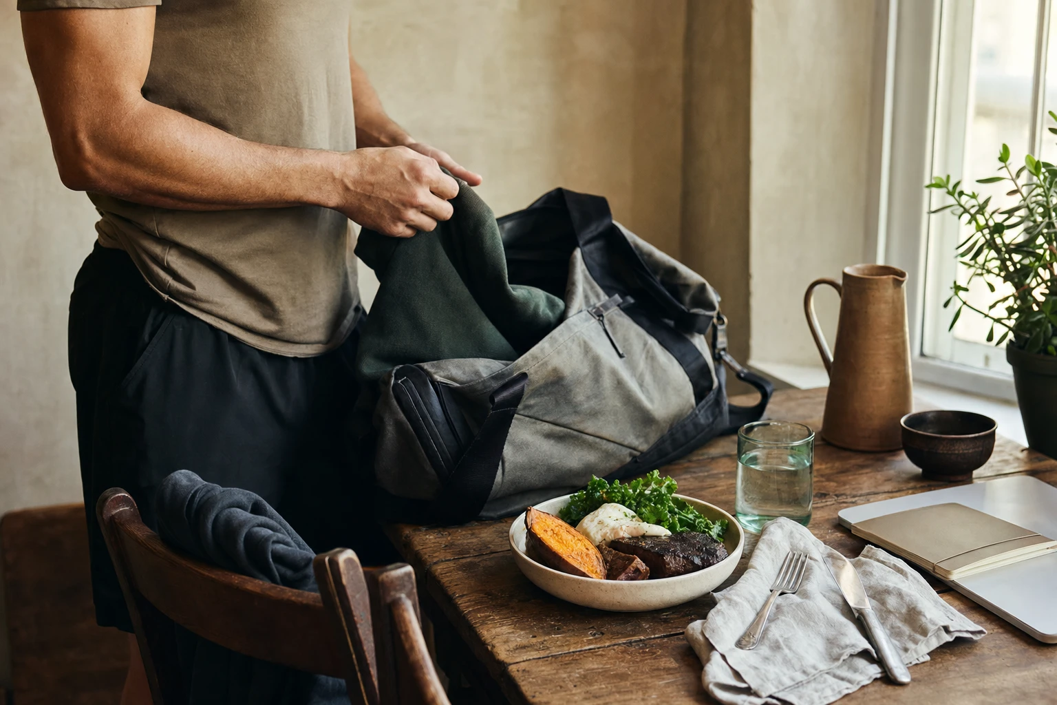 Person with gym gear and a simple meal