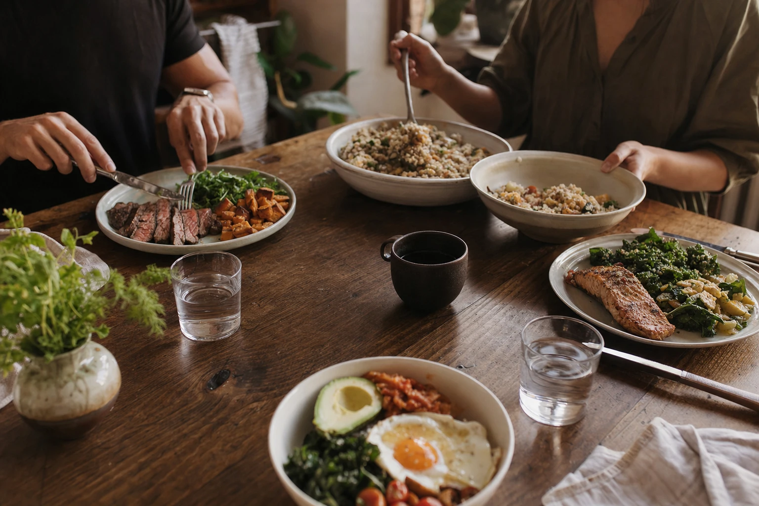 Three balanced meals showing protein distribution throughout a day