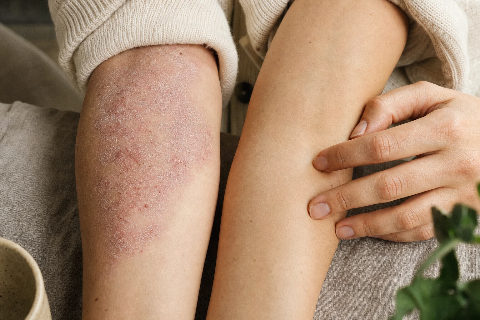 Psoriatic plaque and healthy skin side by side