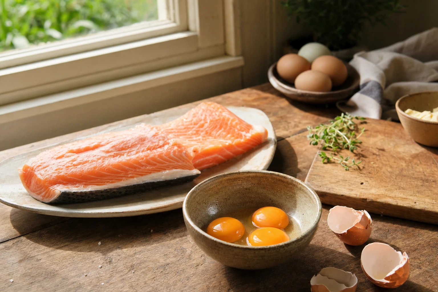 Salmon fillet and egg yolks