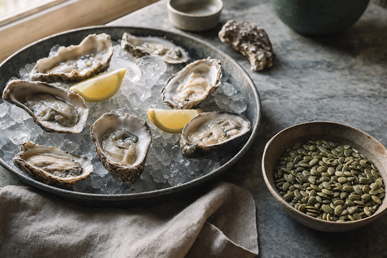 Oysters on ice and pumpkin seeds