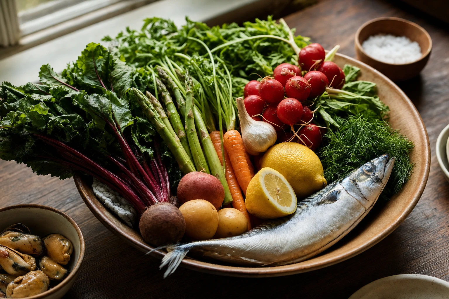 Bowl of various vegetables and fish