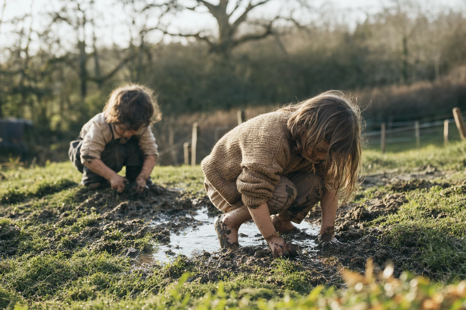 Children playing outdoors in mud and grass, unsupervised and engaged