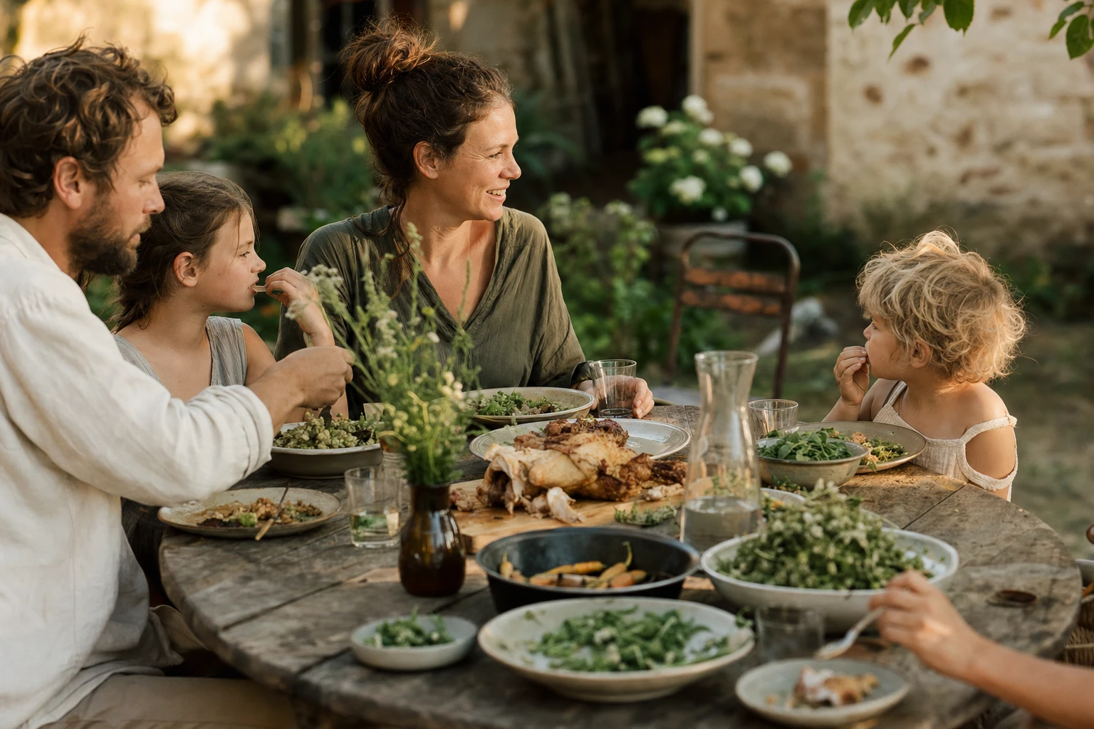 A family eating a meal outdoors, natural light, real food on the table
