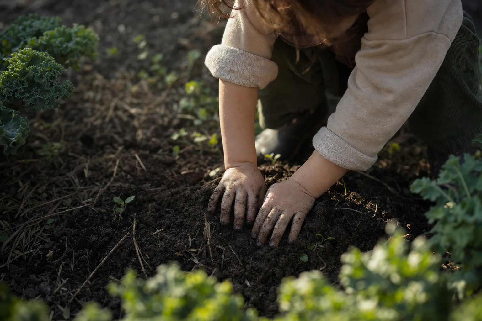 A child's hands in soil, planting or digging, dirt under the fingernails