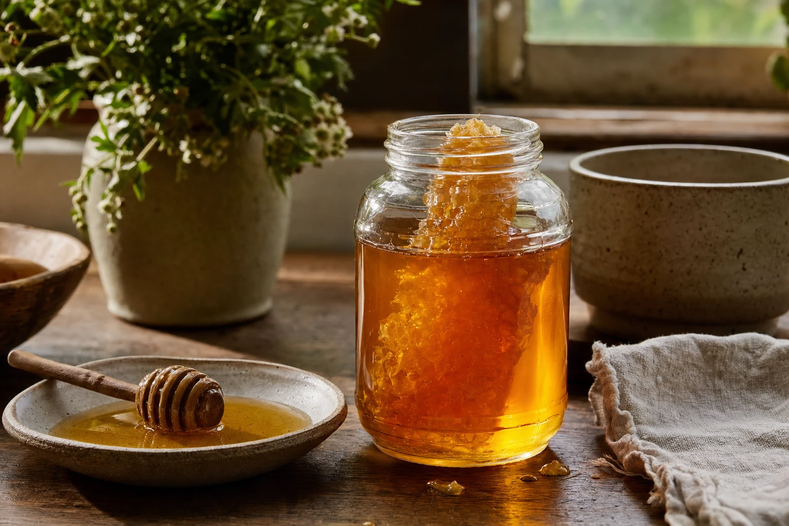 Raw honey in a glass jar with honeycomb, natural light