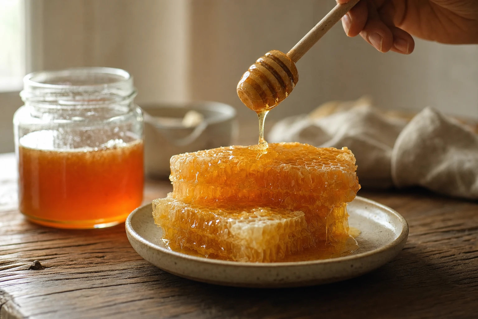 Honeycomb with honey dripping, detailed and golden