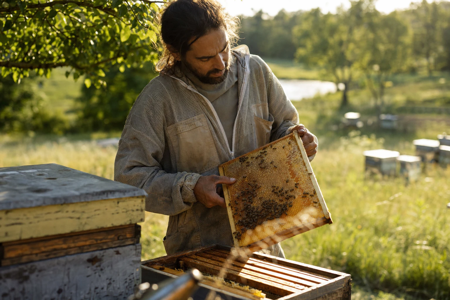 Local beekeeper holding honeycomb, authentic and warm