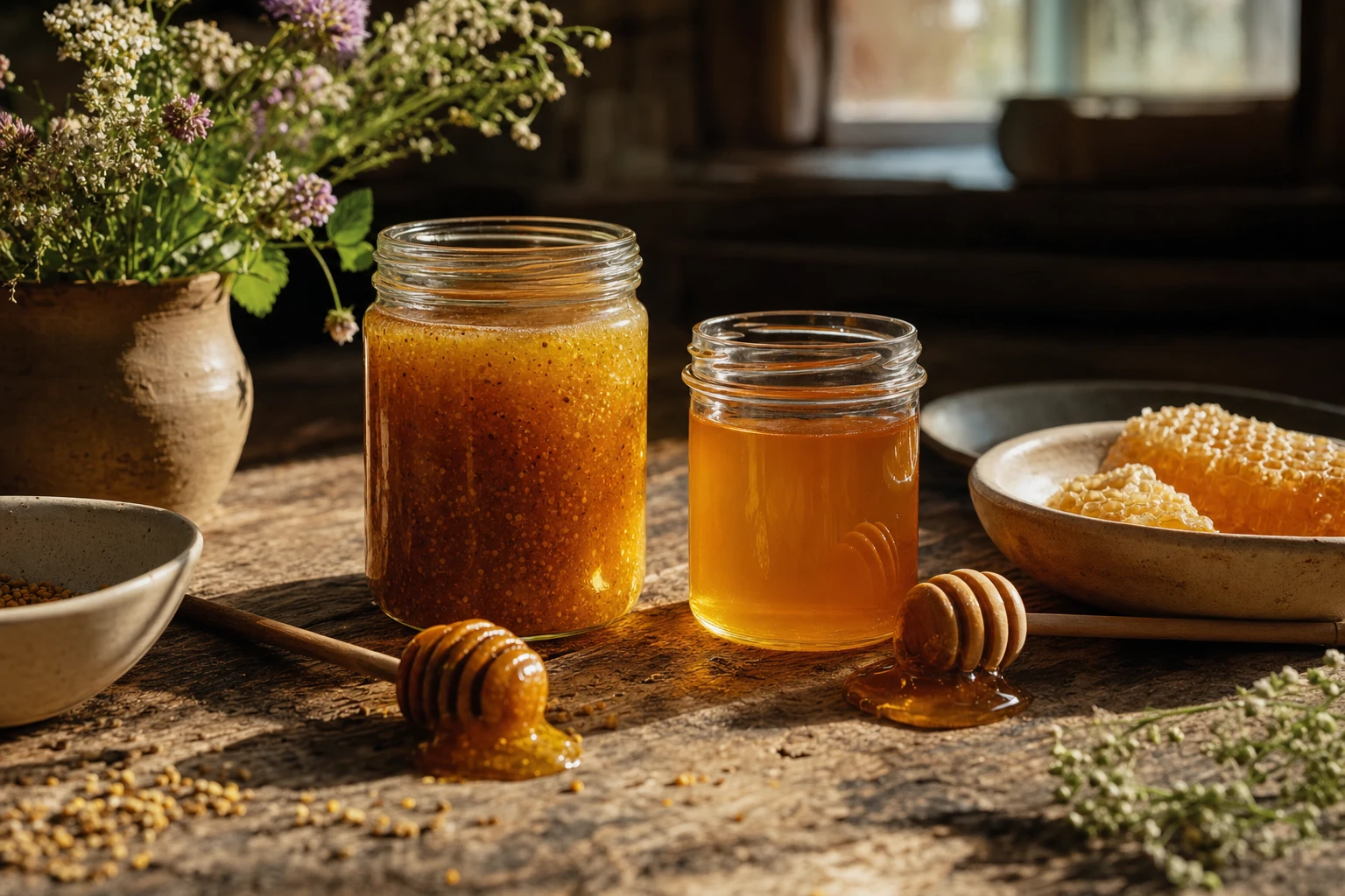 Raw honey with visible pollen and propolis next to clear commercial honey
