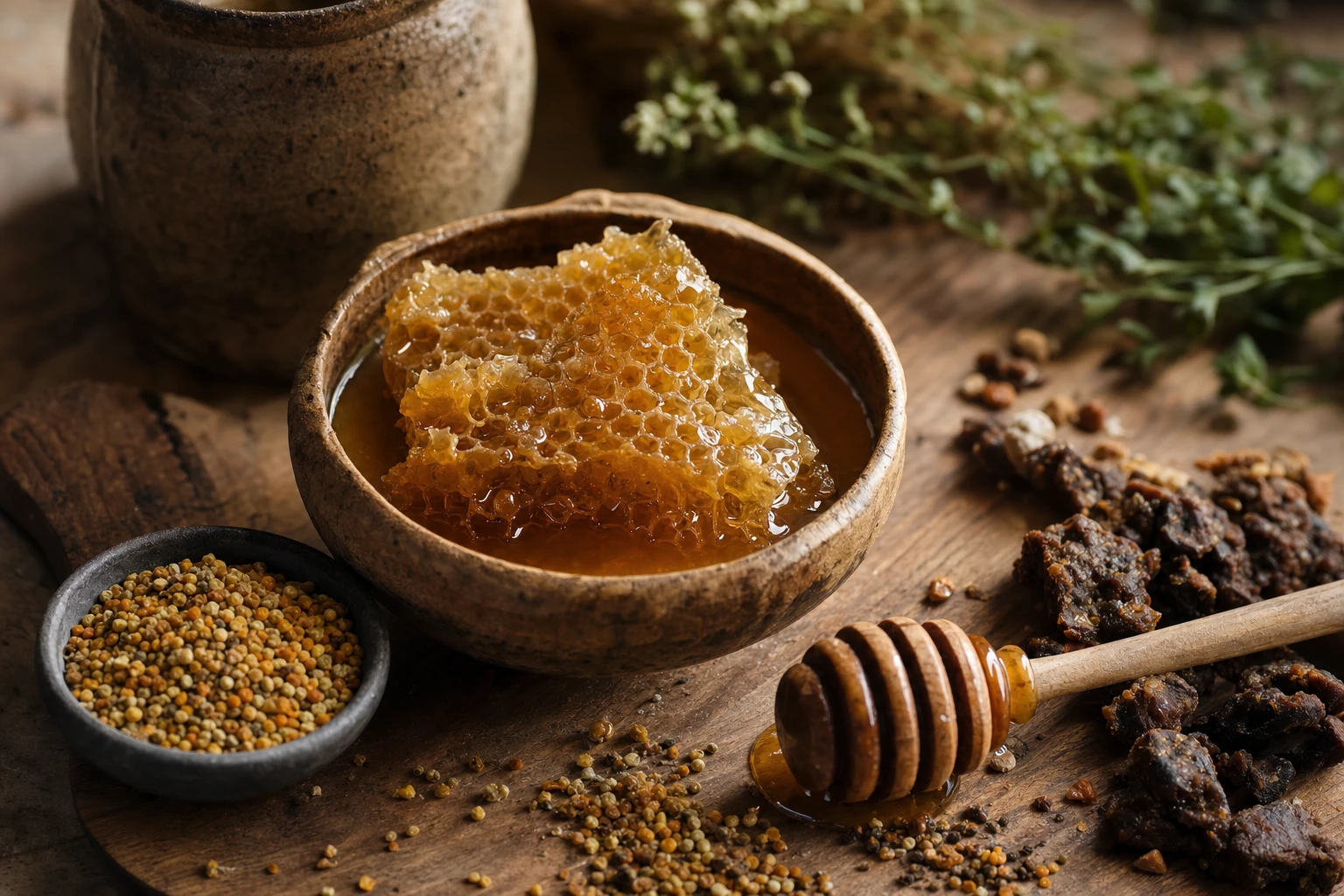 Microscopic view of pollen and propolis in raw honey