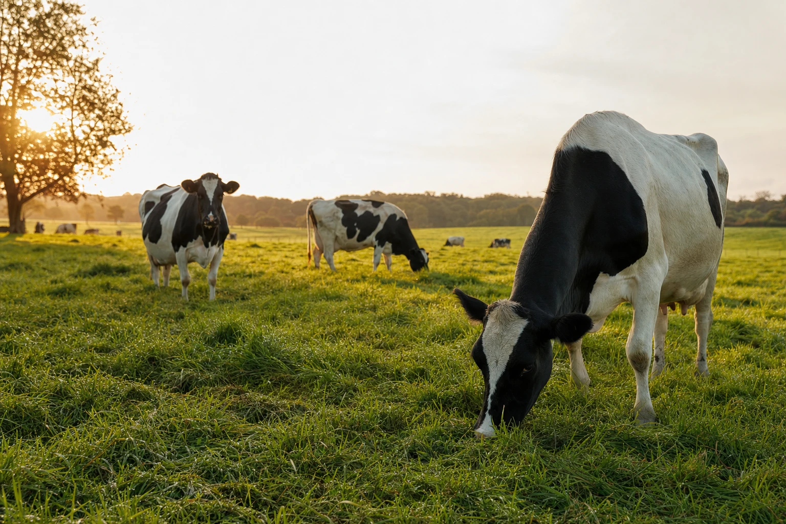 A pastoral scene of dairy cows grazing on lush grass, early morning light