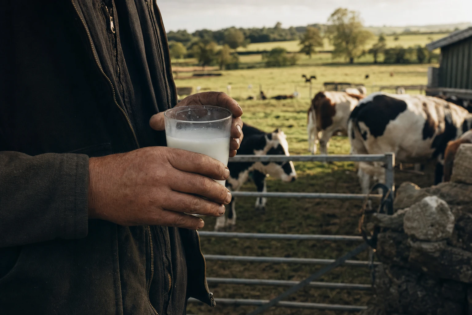A farmer's hands holding a glass of raw milk, farm setting in background
