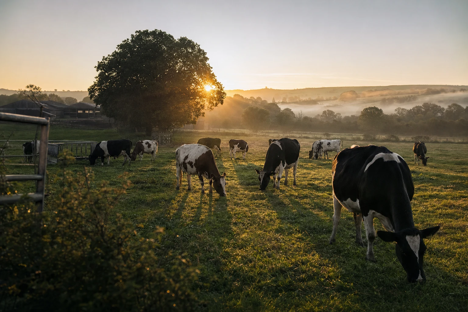 Sunrise over dairy farm with grazing cattle