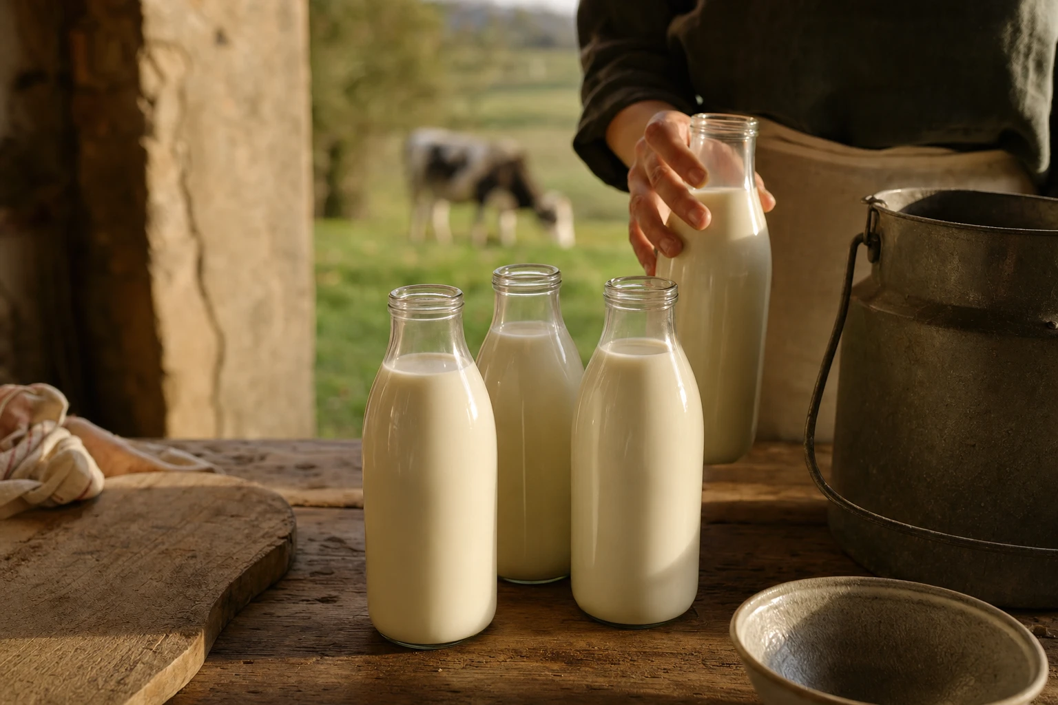 Fresh raw milk in glass bottles from grass-fed dairy cow