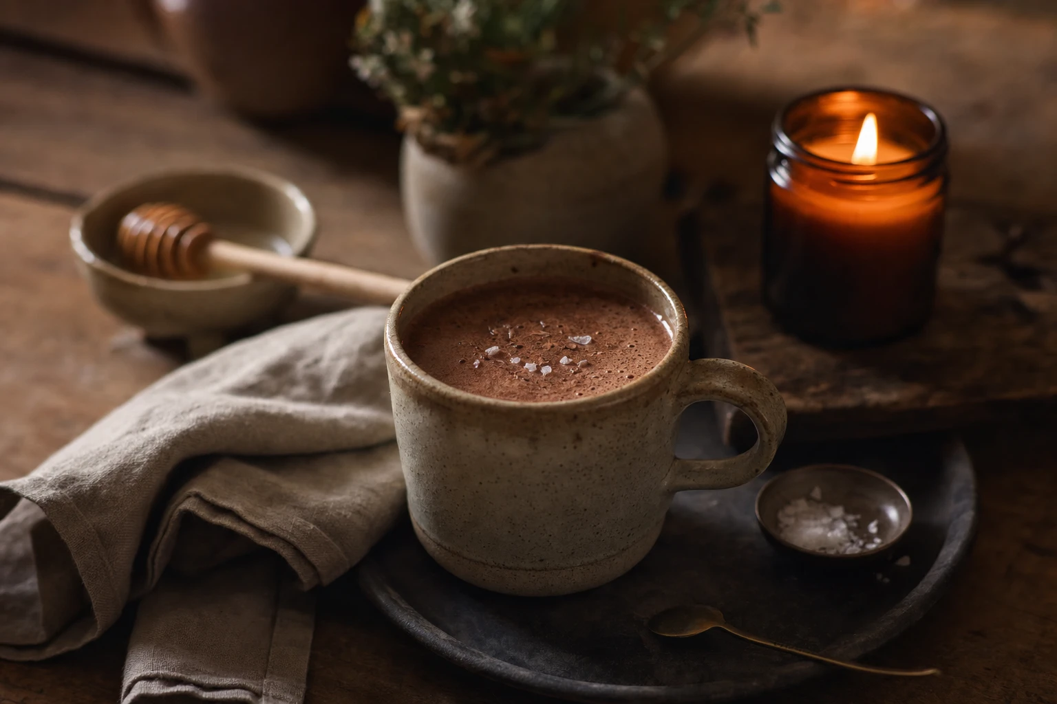 Steaming mug of hot chocolate with a light foam, topped with a pinch of salt, next to a candle