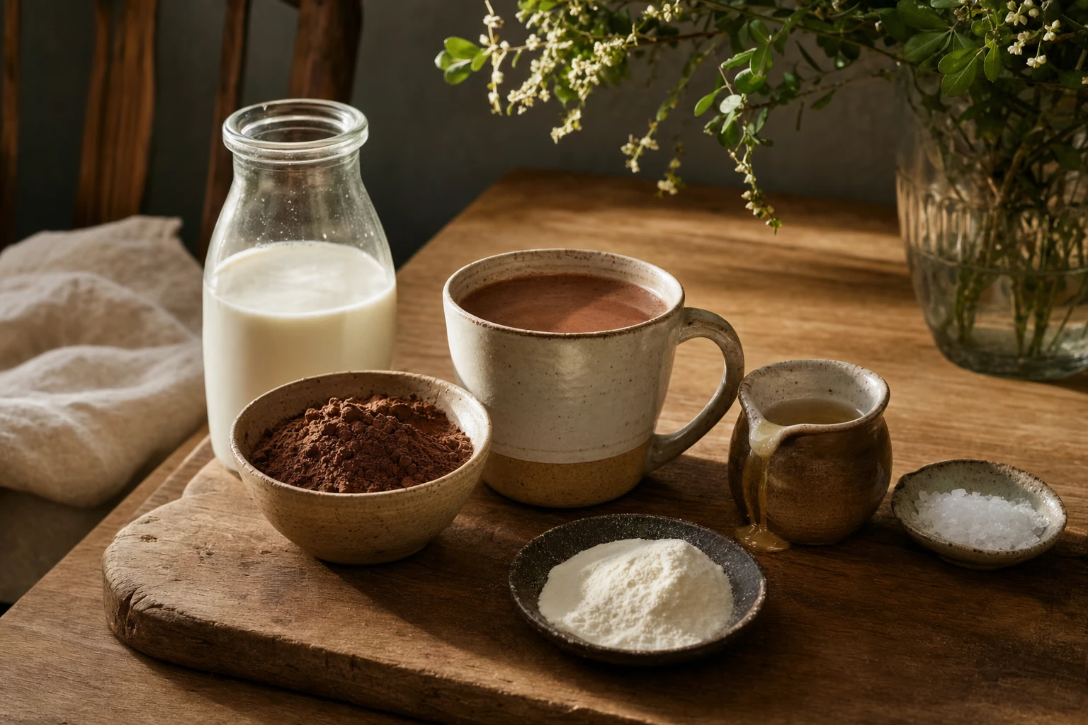 Ingredients arranged on a wooden surface, raw milk, cacao powder, collagen powder, raw honey, sea salt