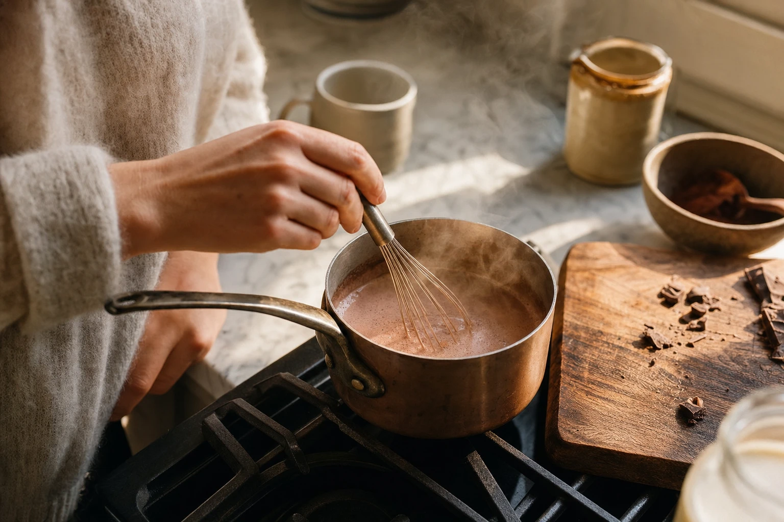 Whisking hot chocolate in a small saucepan with visible steam