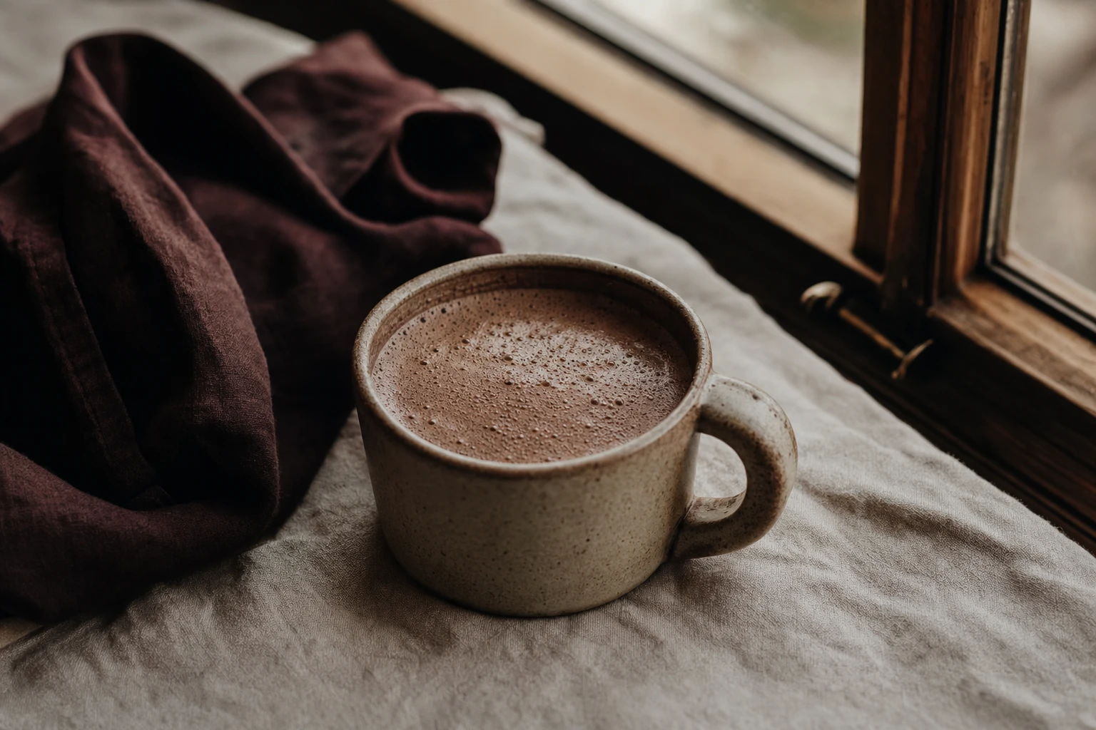 Finished hot chocolate in a ceramic mug, ready to drink