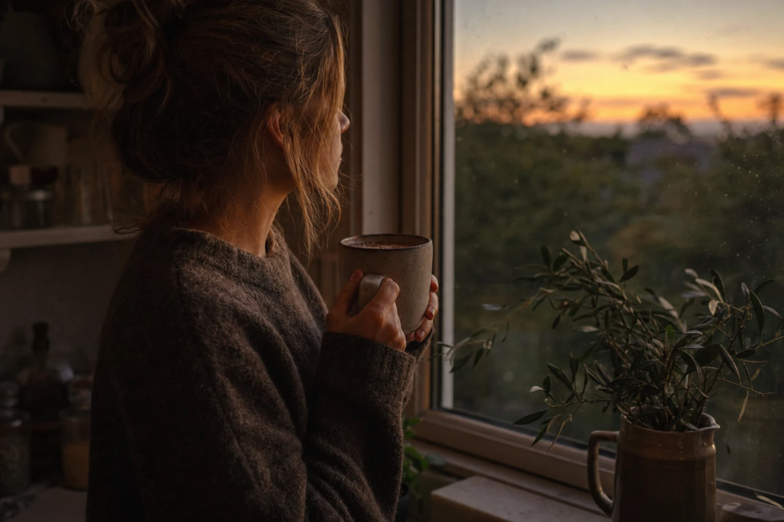 Person holding a warm mug by a window at dusk