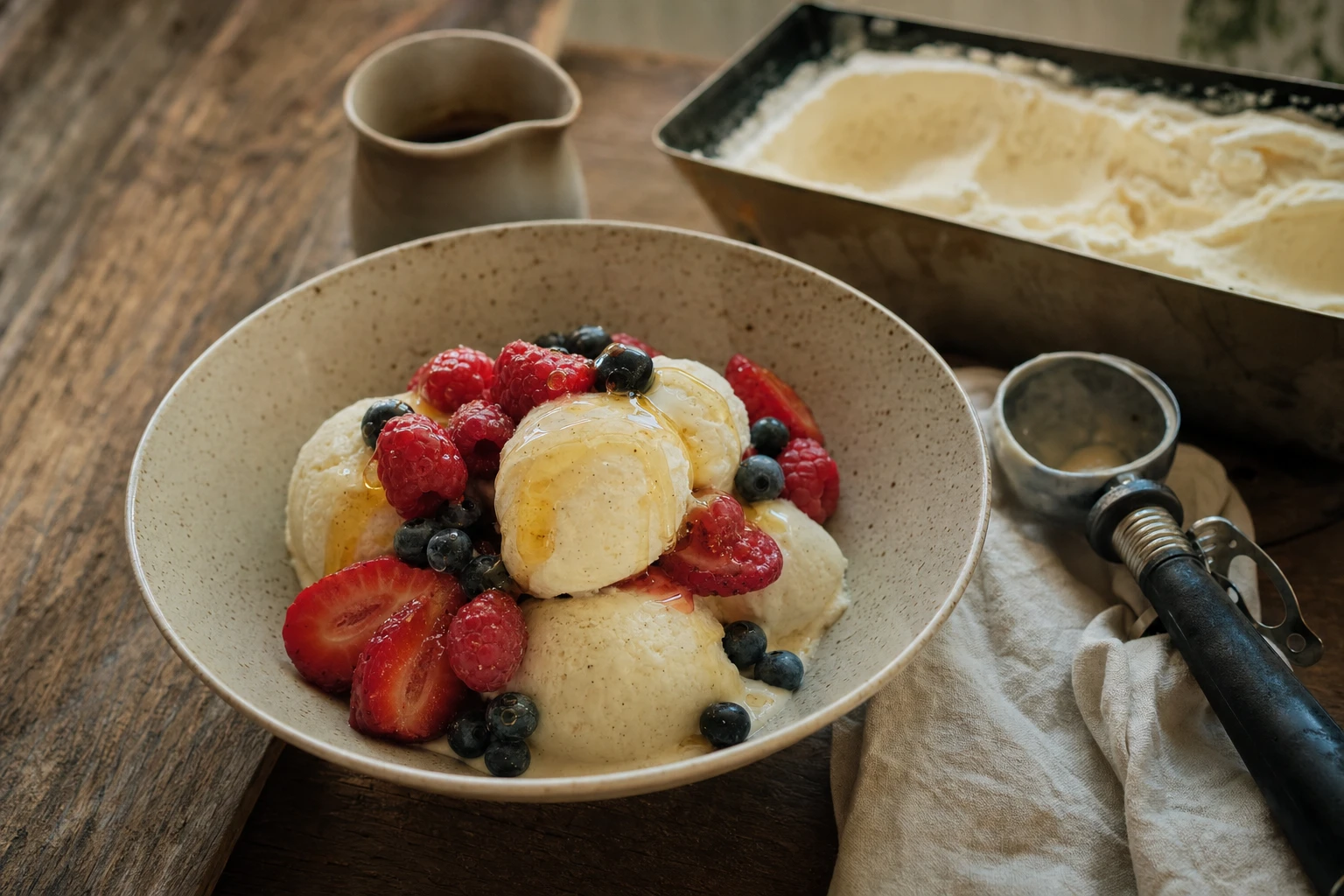A bowl of pale vanilla ice cream, topped with fresh berries and raw honey, beside a scoop