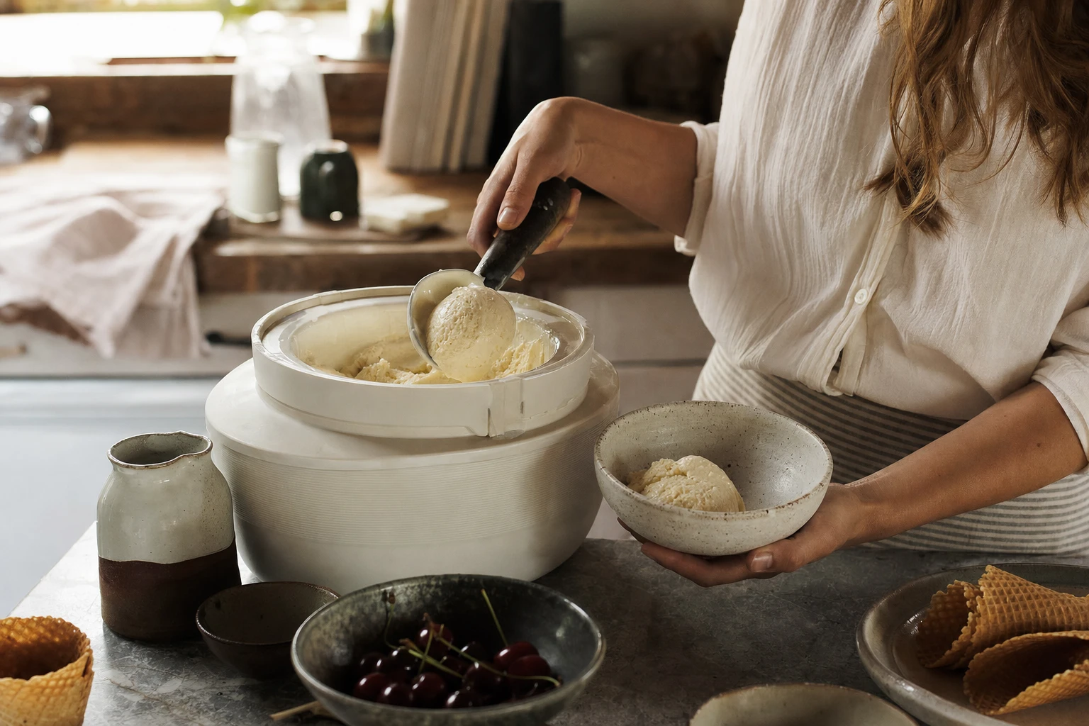 An ice cream maker with soft ice cream just being scooped out