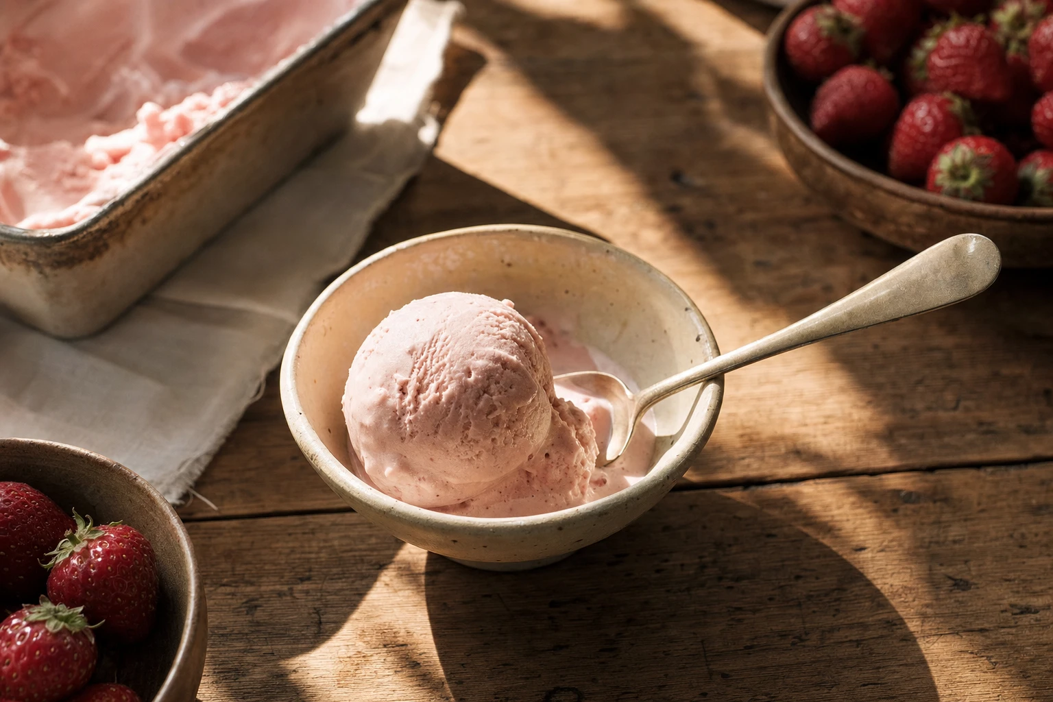 A scoop of pale pink strawberry ice cream, melting slightly on warm afternoon