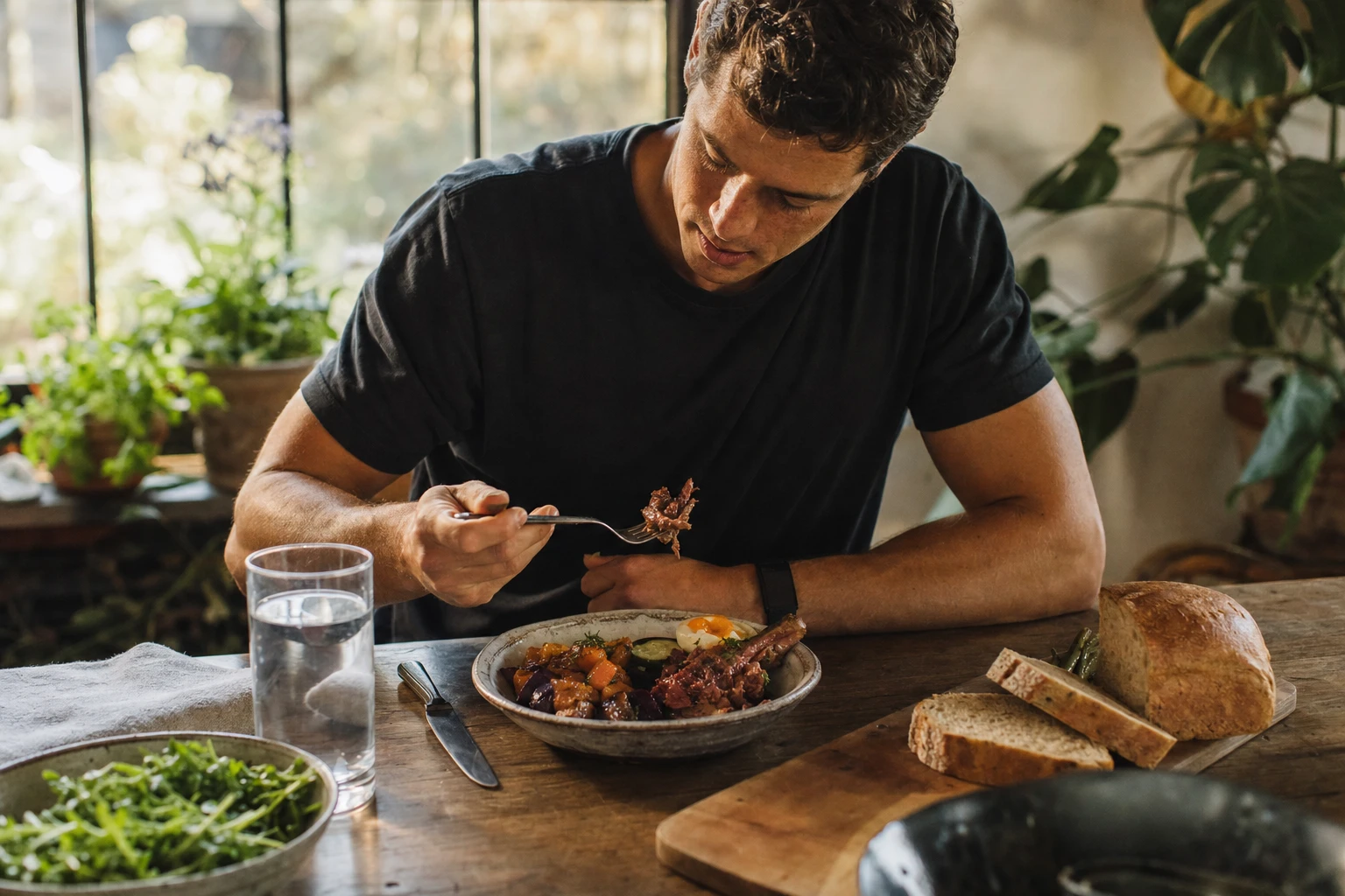Athlete eating whole food meal after training