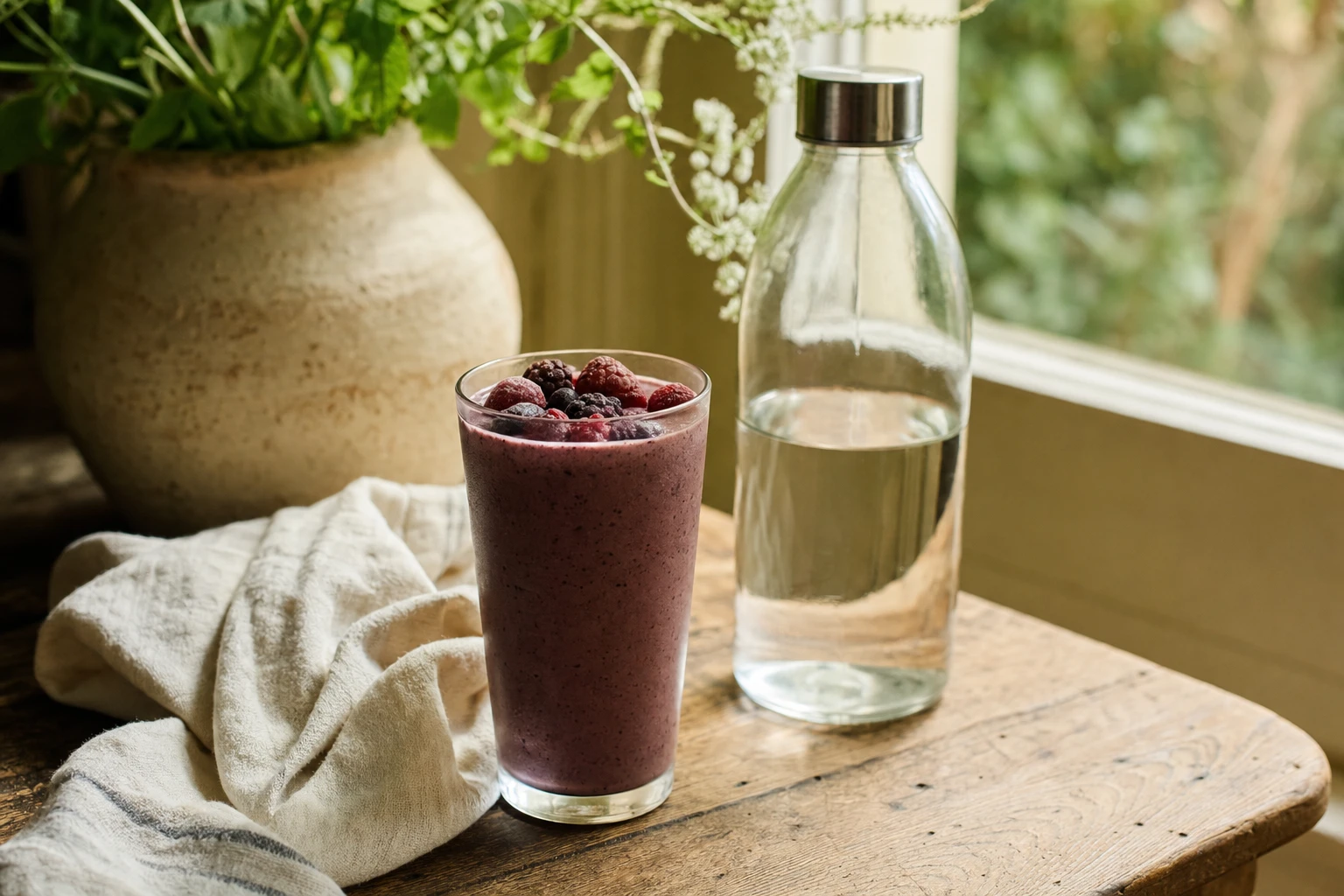 A smoothie in a tall glass, topped with fresh berries, next to a towel and water bottle