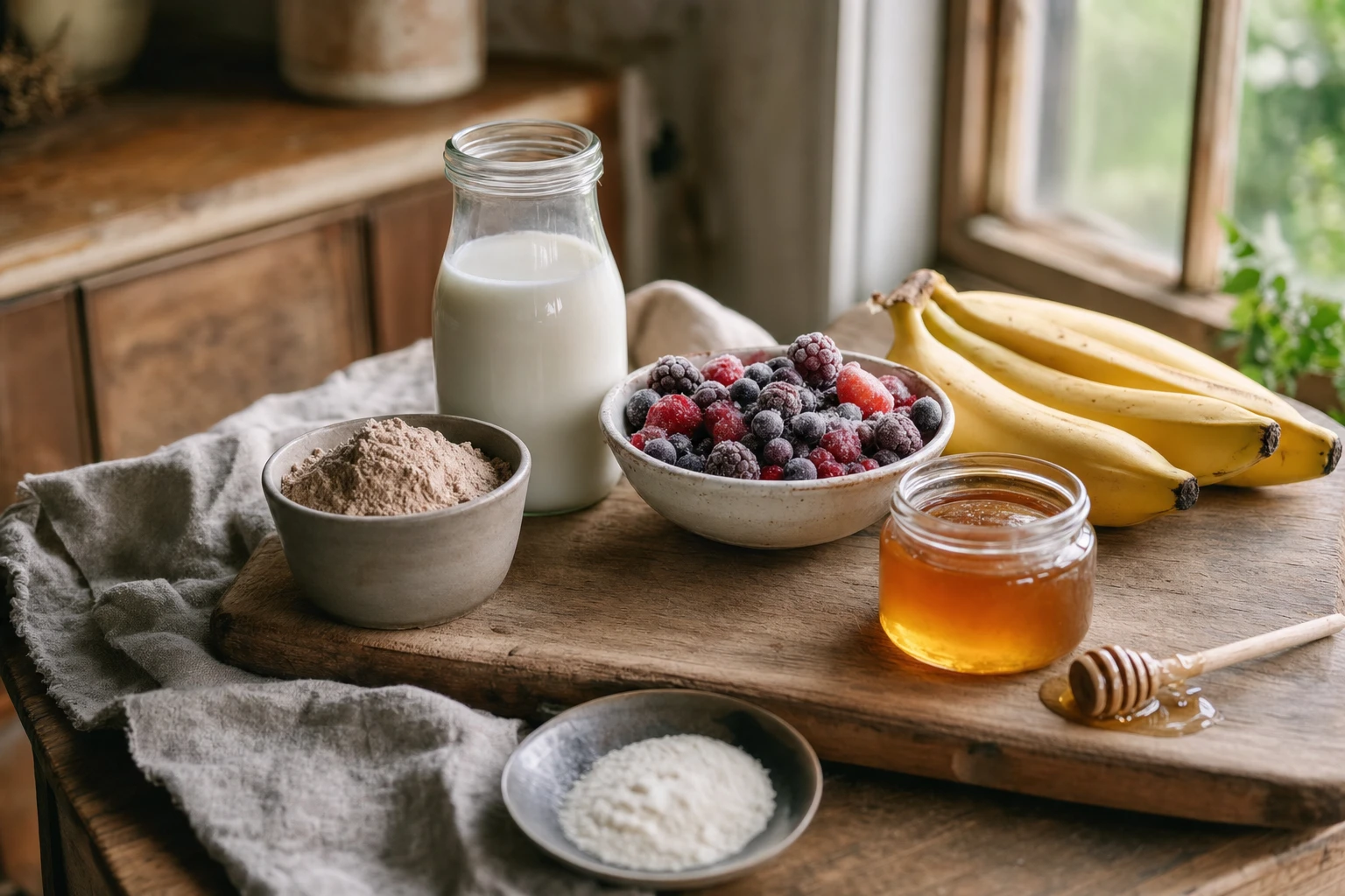 Ingredients laid out, beef protein powder, raw milk, frozen berries, collagen powder, raw honey, banana