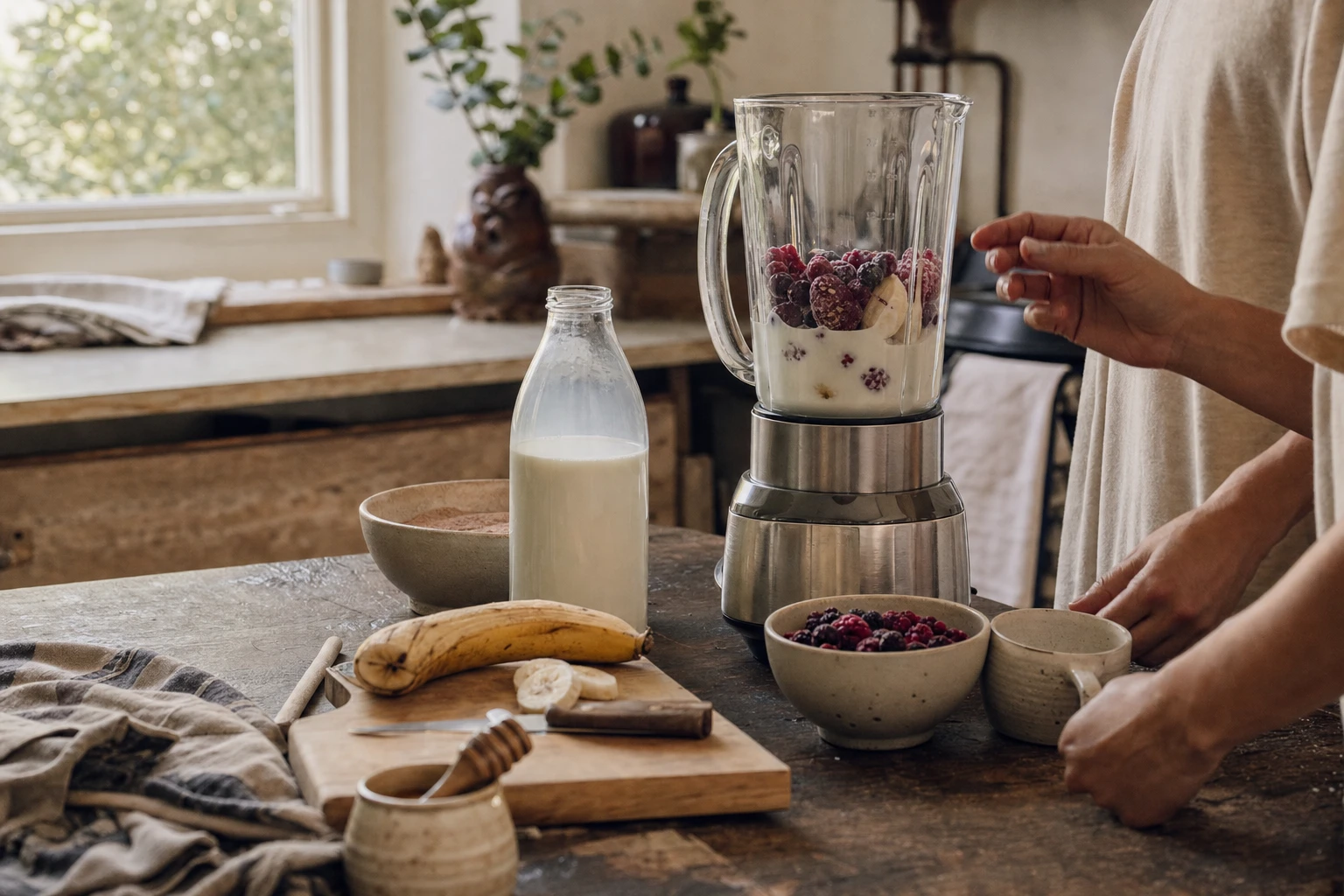 Blender and ingredients ready for immediate post-workout smoothie preparation