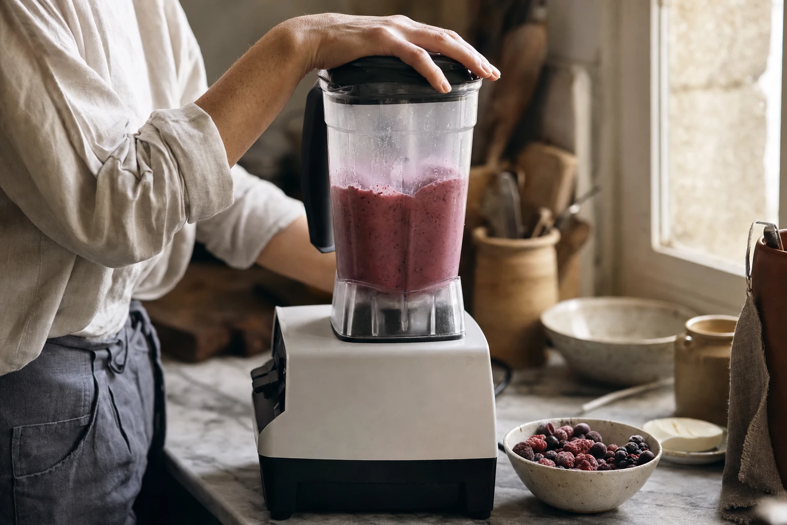 Blender with smoothie mid-blend, showing the texture and consistency