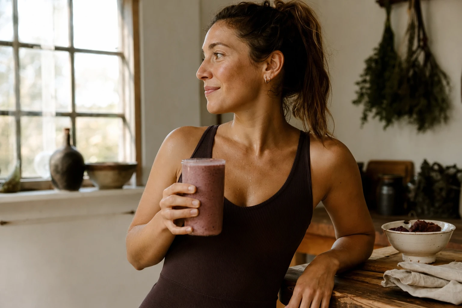 Person holding the finished recovery smoothie immediately after completing their workout