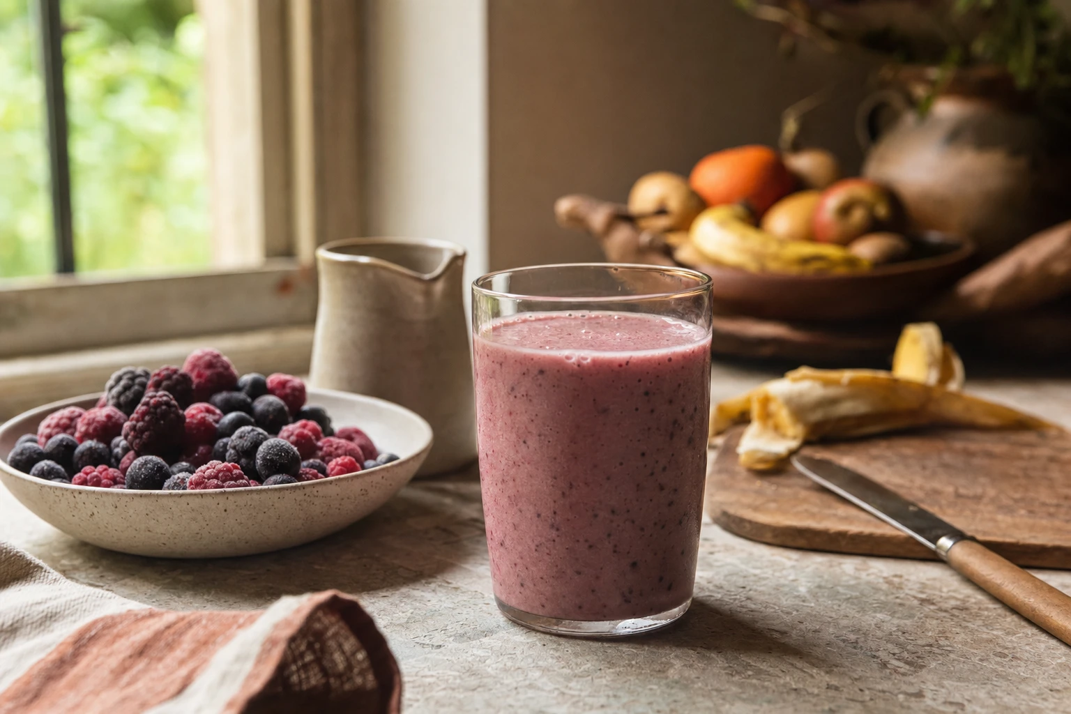 Finished recovery smoothie with berries visible through the glass