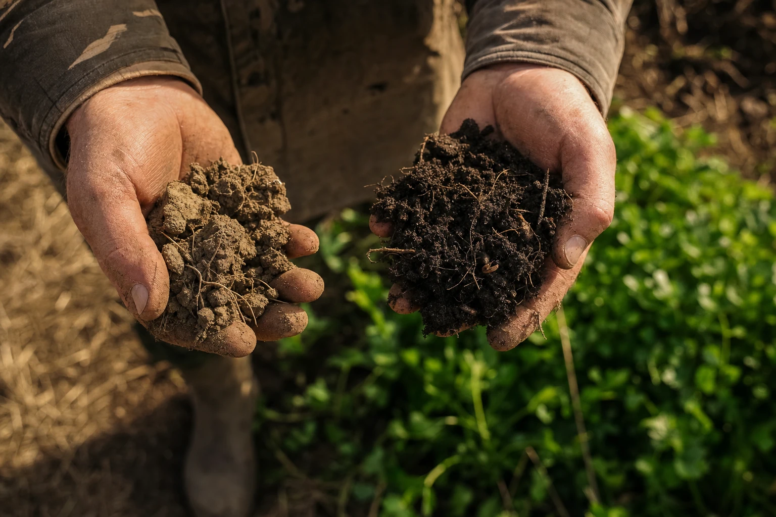 Degraded industrial monoculture soil vs rich dark regenerative soil
