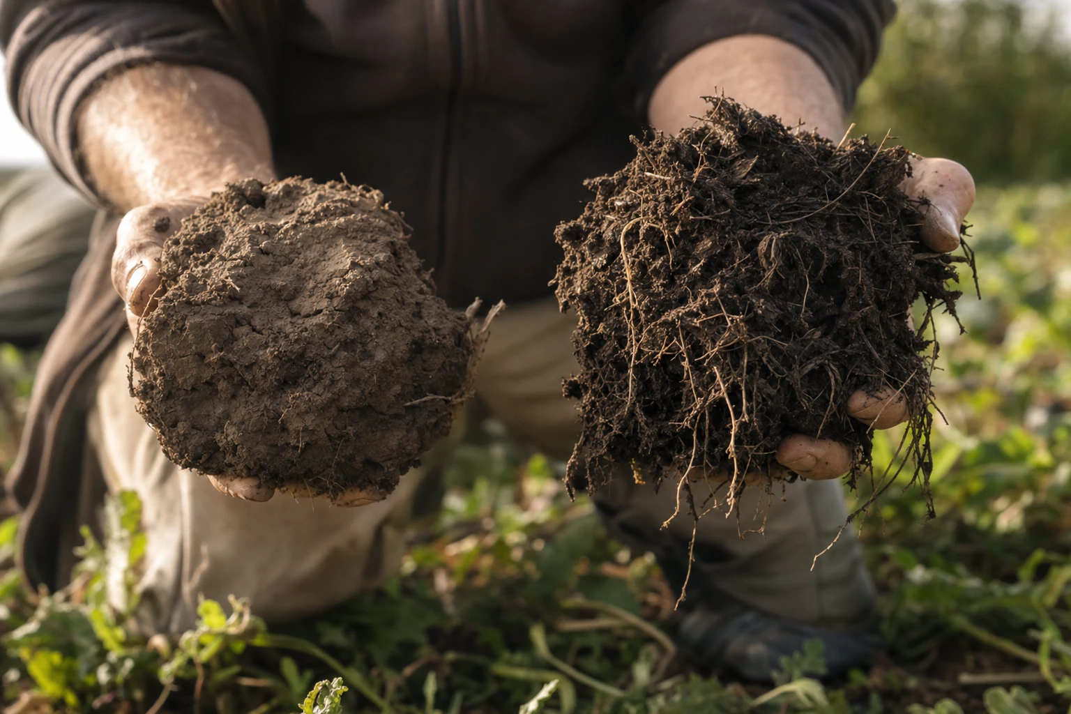 Cross-section of tilled soil (loose, compacted structure) vs no-till soil (aggregated, living structure)