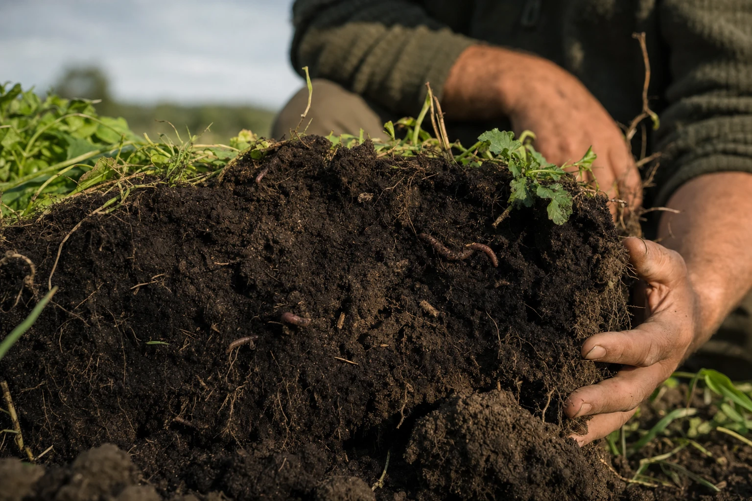 A rich, dark soil cross-section showing microbial life and structure