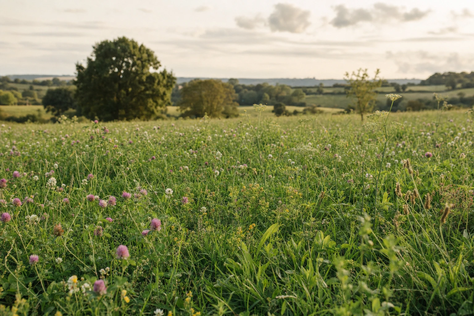 A diverse pasture with multiple plant species visible