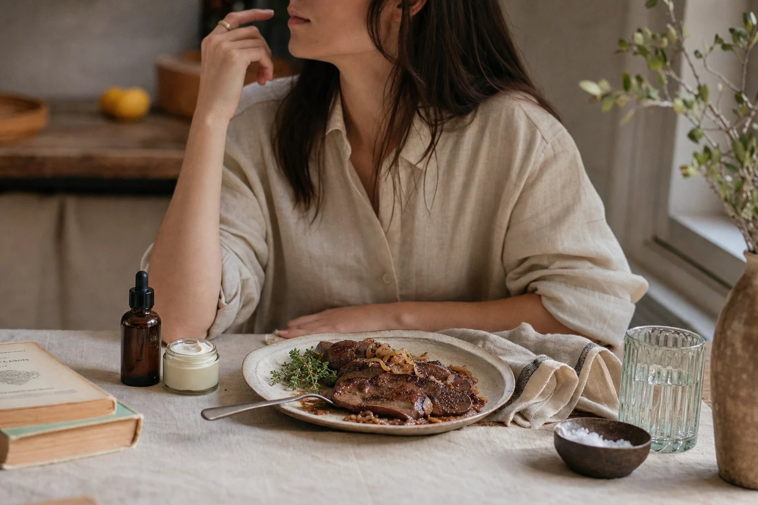 A plate of beef liver alongside a retinol skincare product