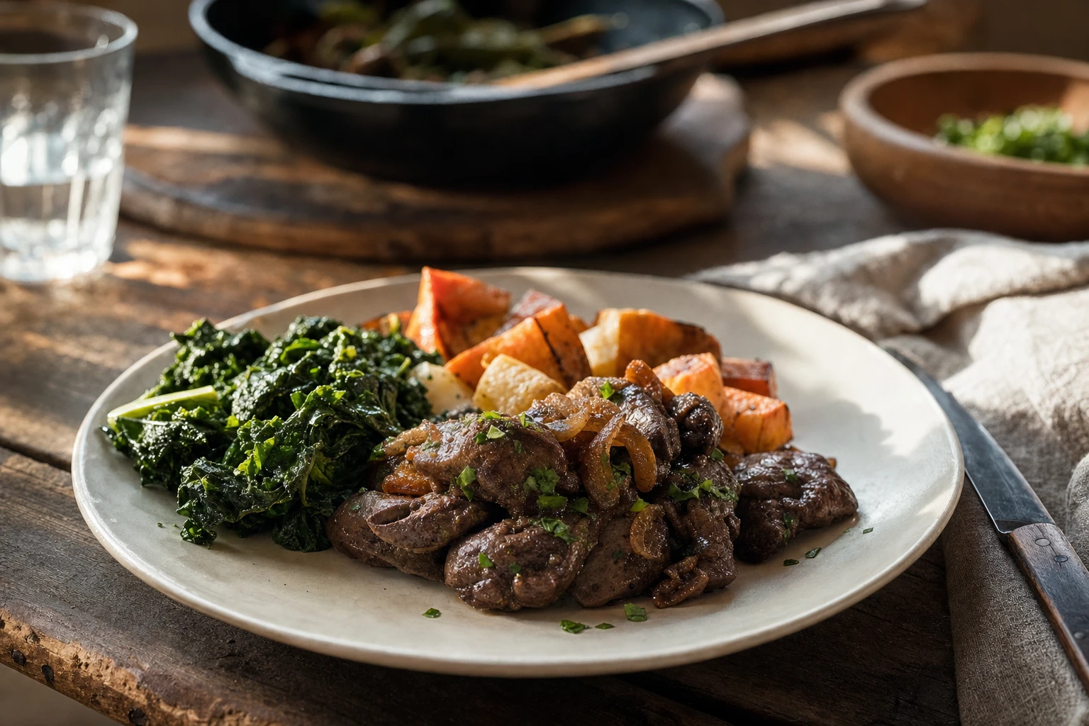 Liver and other retinol-rich foods on a plate