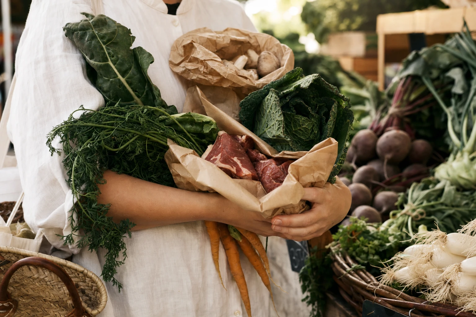 Hands holding fresh, unprocessed foods from a farmers market