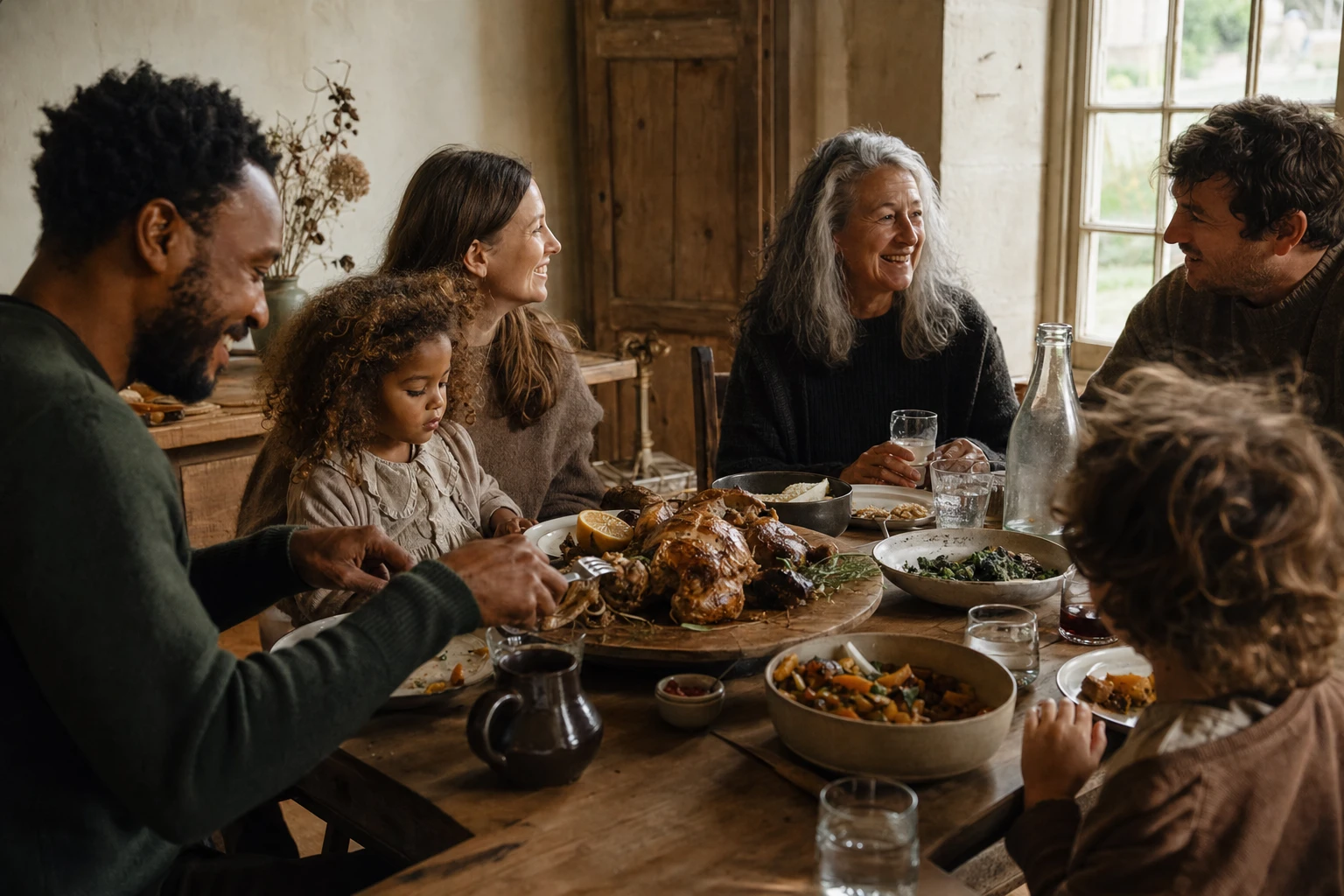 A diverse family meal, unprocessed foods, warm and inviting