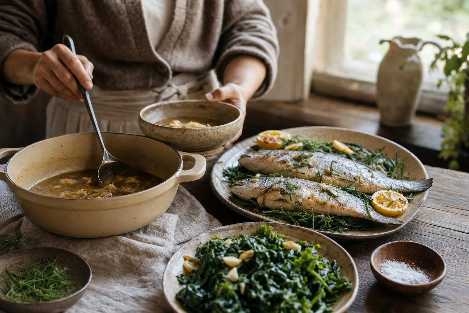 Anti-inflammatory foods: fish, leafy greens, bone broth