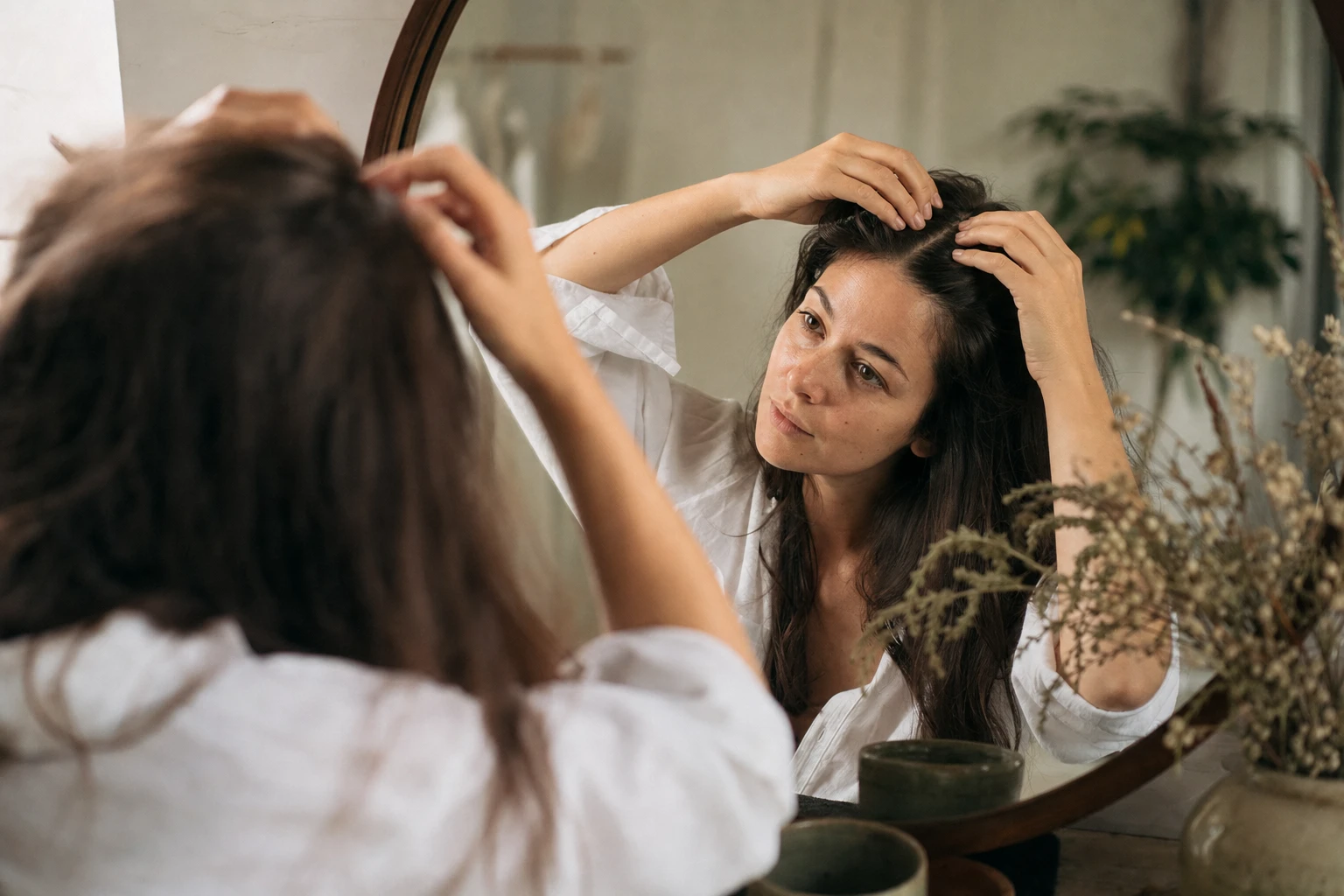 A person with strong, healthy hair and visible scalp