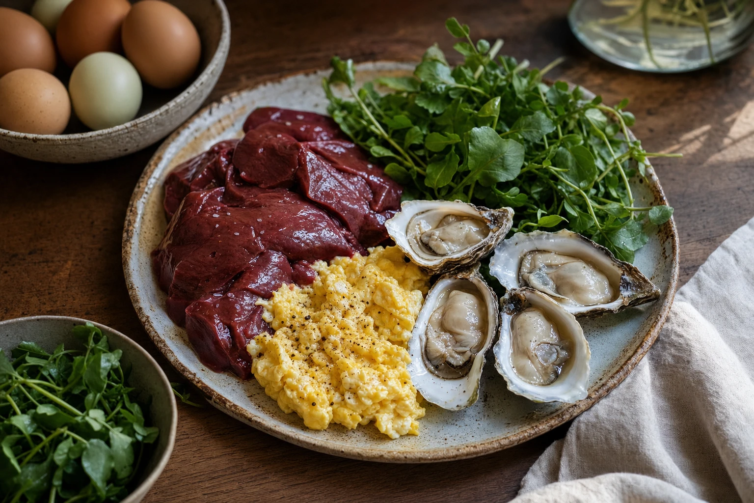 A colorful plate of nutrient-dense foods: liver, eggs, leafy greens, oysters
