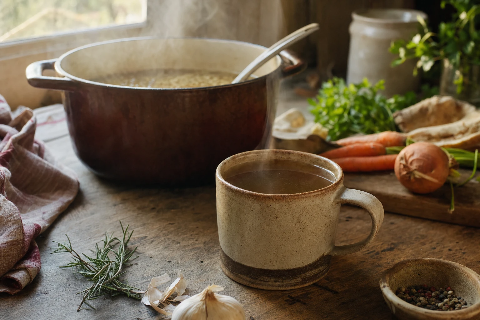 Simmering pot of bone broth, or finished broth in a mug