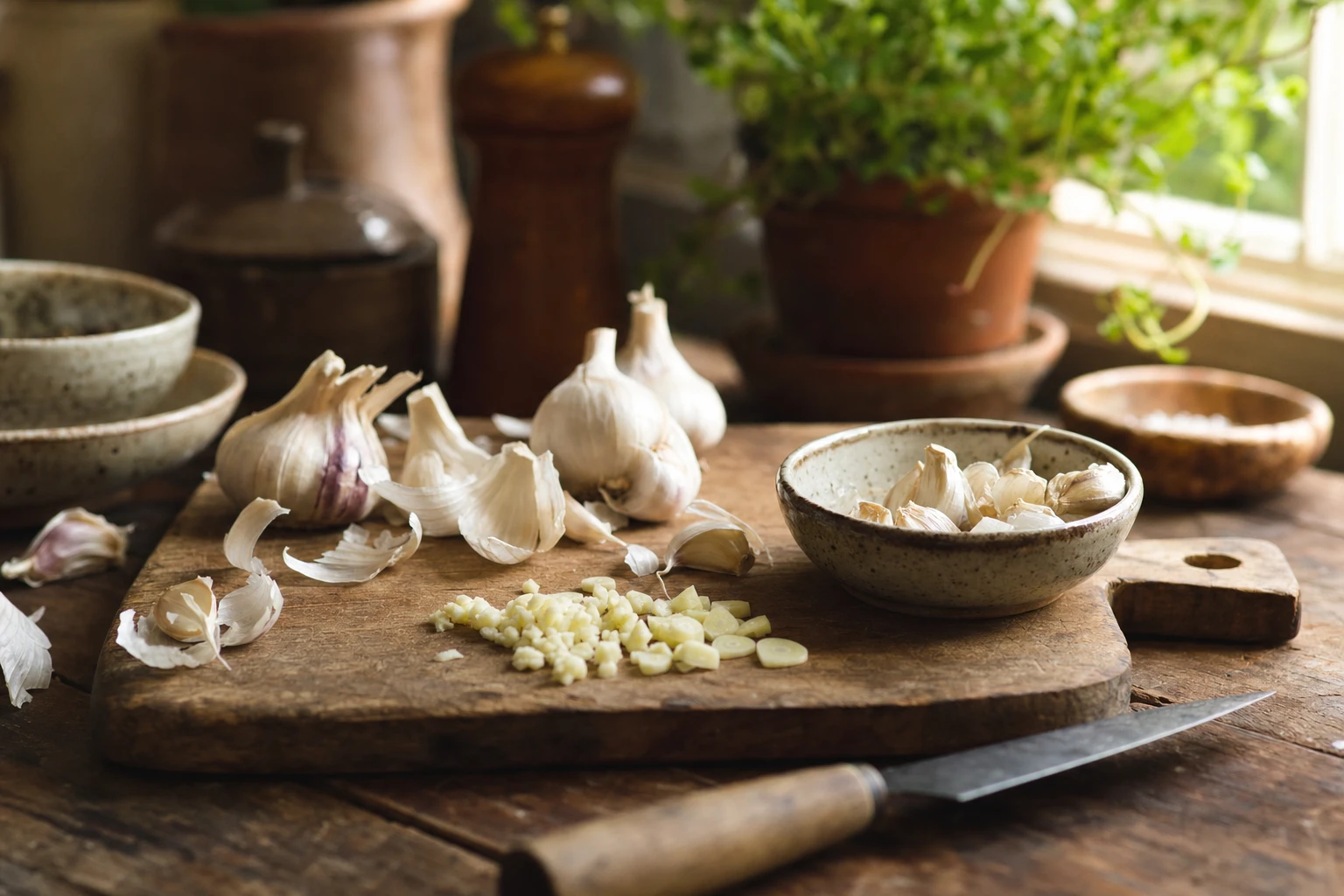 Fresh garlic cloves, whole and chopped, emphasising the fresh state