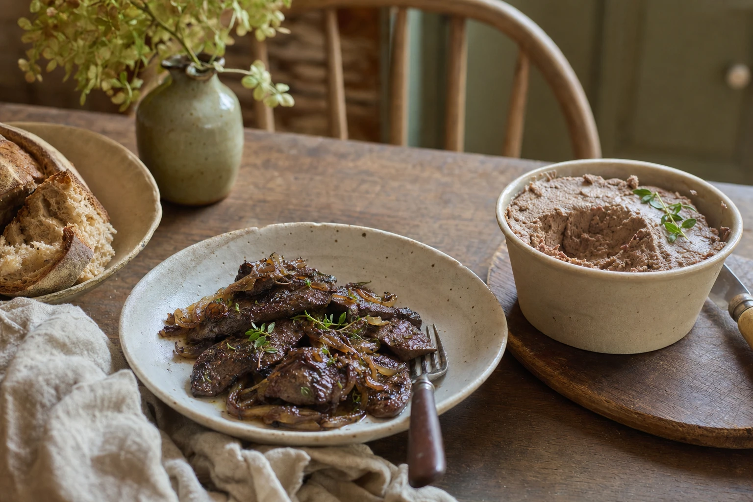 Beef liver on a plate, or pâté in a bowl