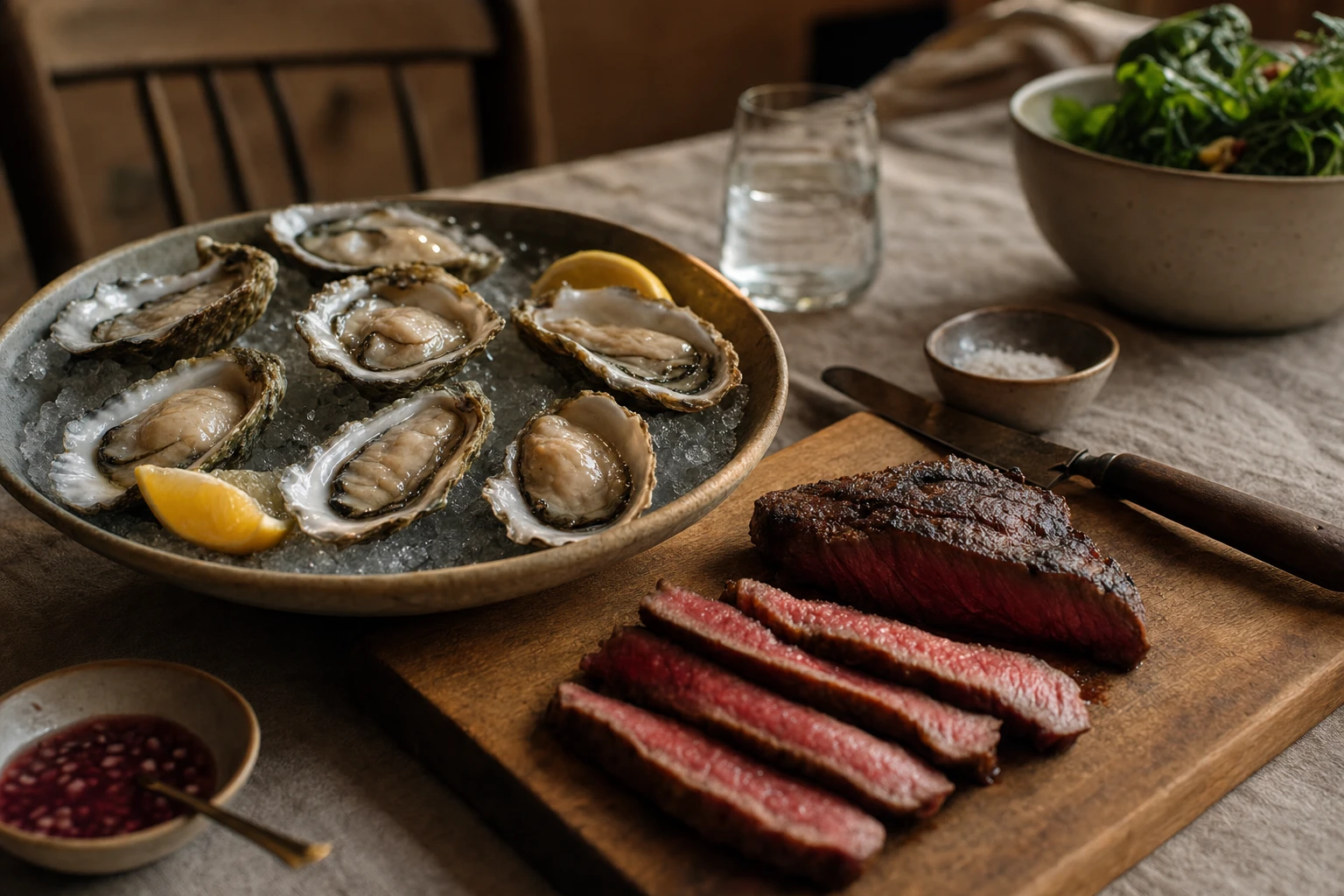 Oysters on ice, or sliced red meat