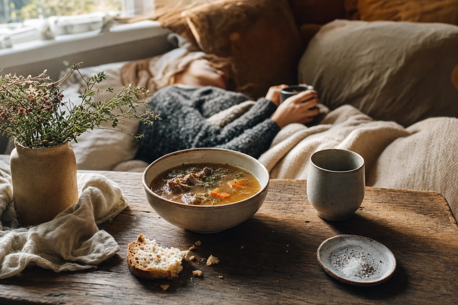 Resting person, or a bowl of warming broth and rest setting