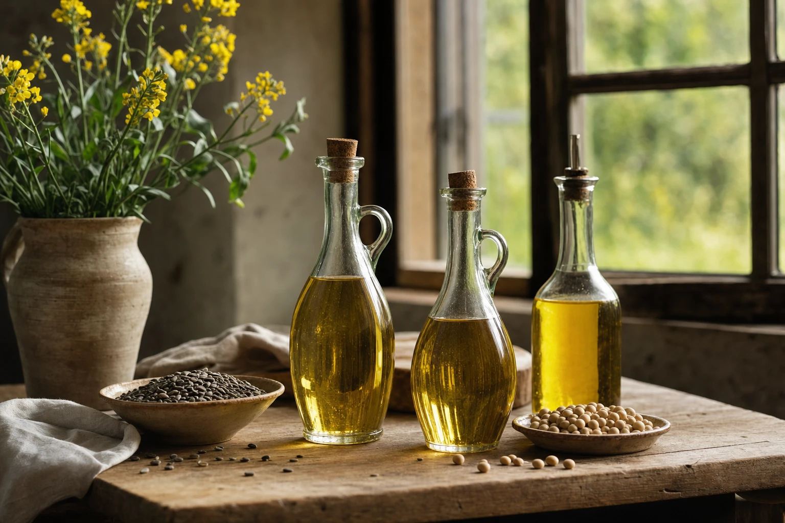 Collection of seed oil bottles (sunflower, rapeseed, soya)